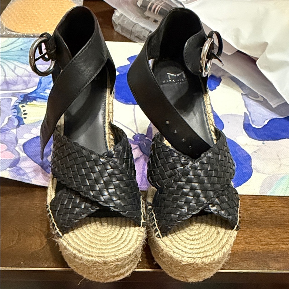 Marc Fisher Black and Tan Espadrille Wedges